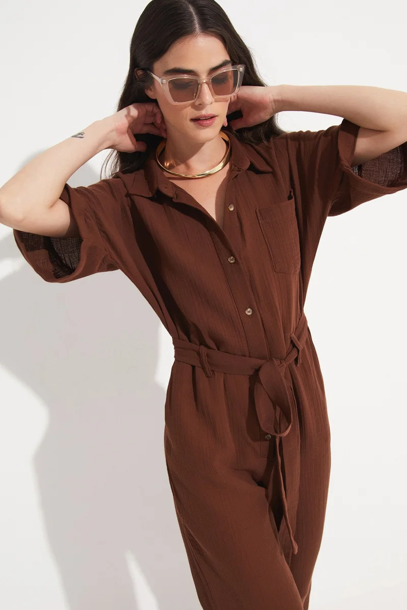 JUNE Women's Cotton Button Detail Shirt Collar Jumpsuit