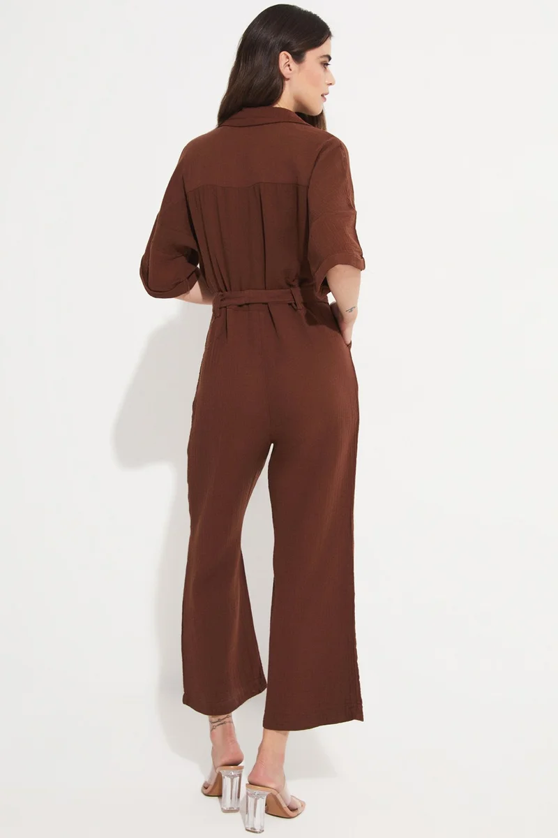 JUNE Women's Cotton Button Detail Shirt Collar Jumpsuit