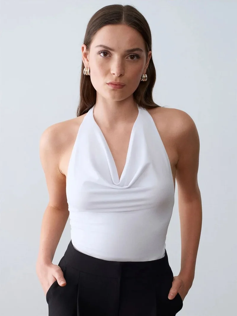 ديلفين Dilvin Sleeveless Cowl Neck Tie Blouse