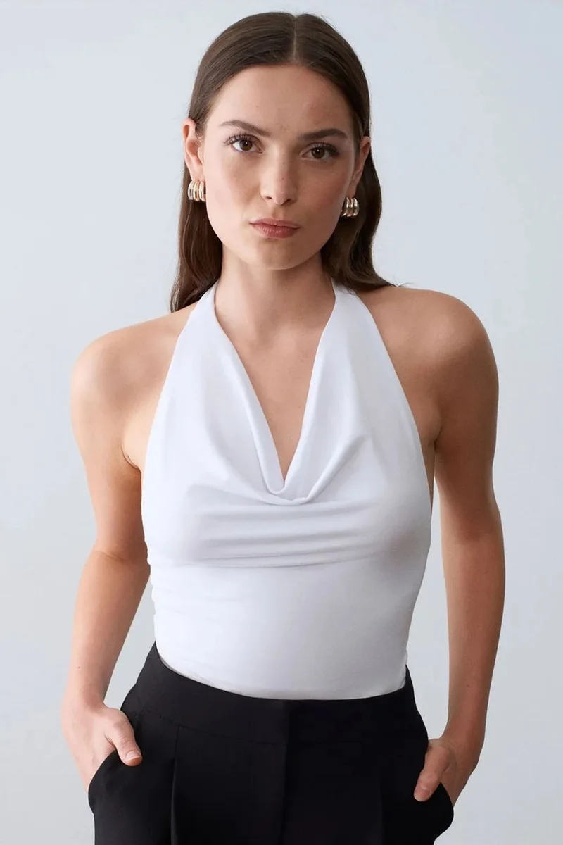 DILVIN Sleeveless Cowl Neck Tie Blouse