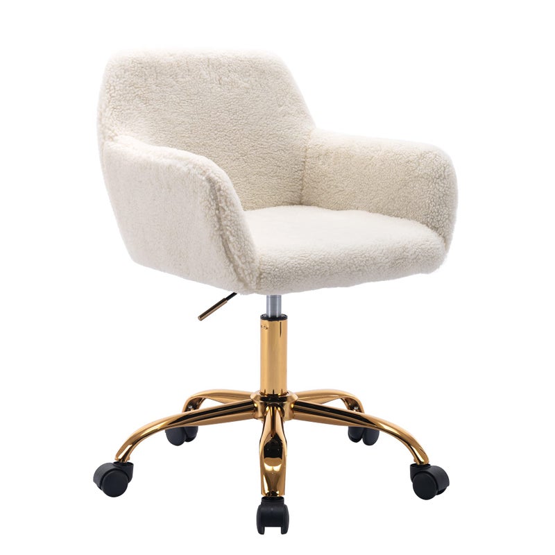 KCC Faux Fur Office Desk Chair, Comfy Swivel Armchair with Wheels, Upholstered Fuzzy Vanity Chair, Adjustable Height, White - Image 1