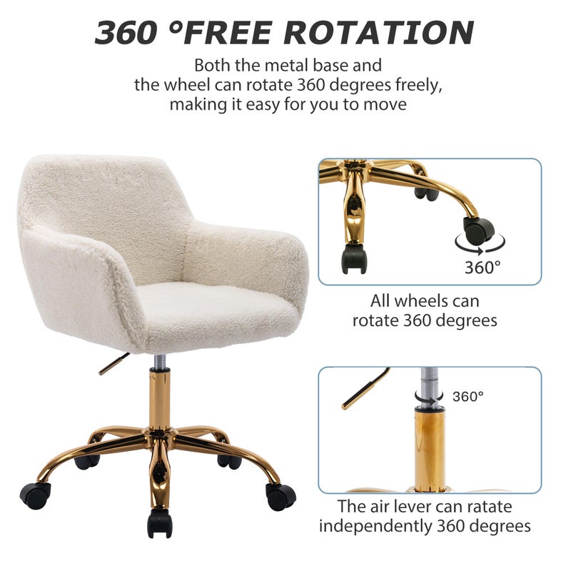 KCC Faux Fur Office Desk Chair, Comfy Swivel Armchair with Wheels, Upholstered Fuzzy Vanity Chair, Adjustable Height, White - Image 4