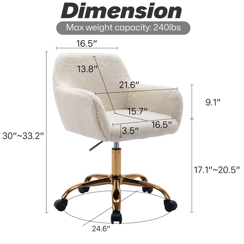 KCC Faux Fur Office Desk Chair, Comfy Swivel Armchair with Wheels, Upholstered Fuzzy Vanity Chair, Adjustable Height, White - Image 2