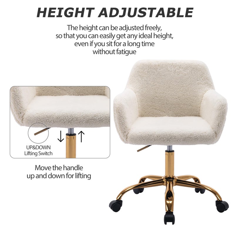 KCC Faux Fur Office Desk Chair, Comfy Swivel Armchair with Wheels, Upholstered Fuzzy Vanity Chair, Adjustable Height, White - Image 3
