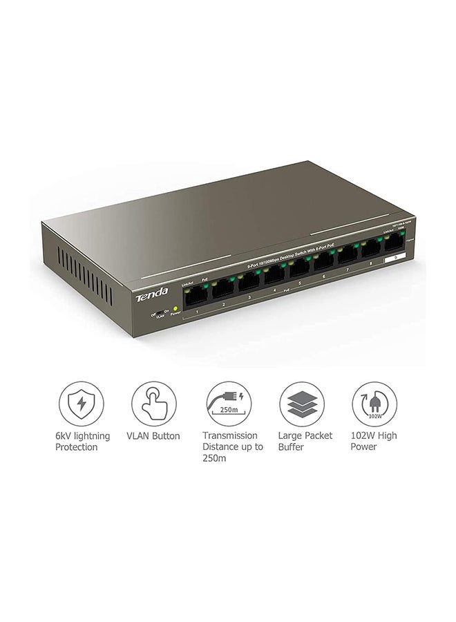 Tenda TEF1109P-8-102W 9-Port 100Mbps Ethernet Network Switch With 8-Port PoE 102W, VLAN Port, 6kV Lightning Protection, Ethernet Splitter Works with IEEE 802.3af/at, Transmission Distance up to 250m Brown - Image 2