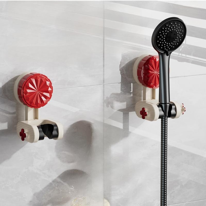 Cisily Adjustable Shower Head Holder, Vacuum Suction Cup Mount, Punch-Free Installation, White and Red, 11.2 x 8 x 7.2 cm  - Image 1
