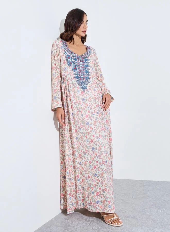 أميرة All Over Printed Jalabiya At Neck And Sleeve Hem