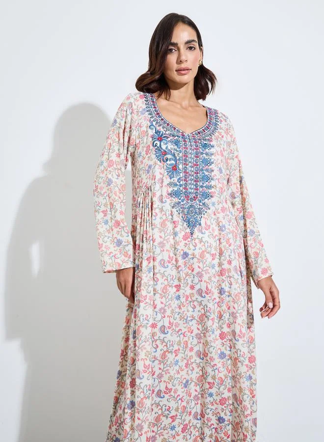 أميرة All Over Printed Jalabiya At Neck And Sleeve Hem