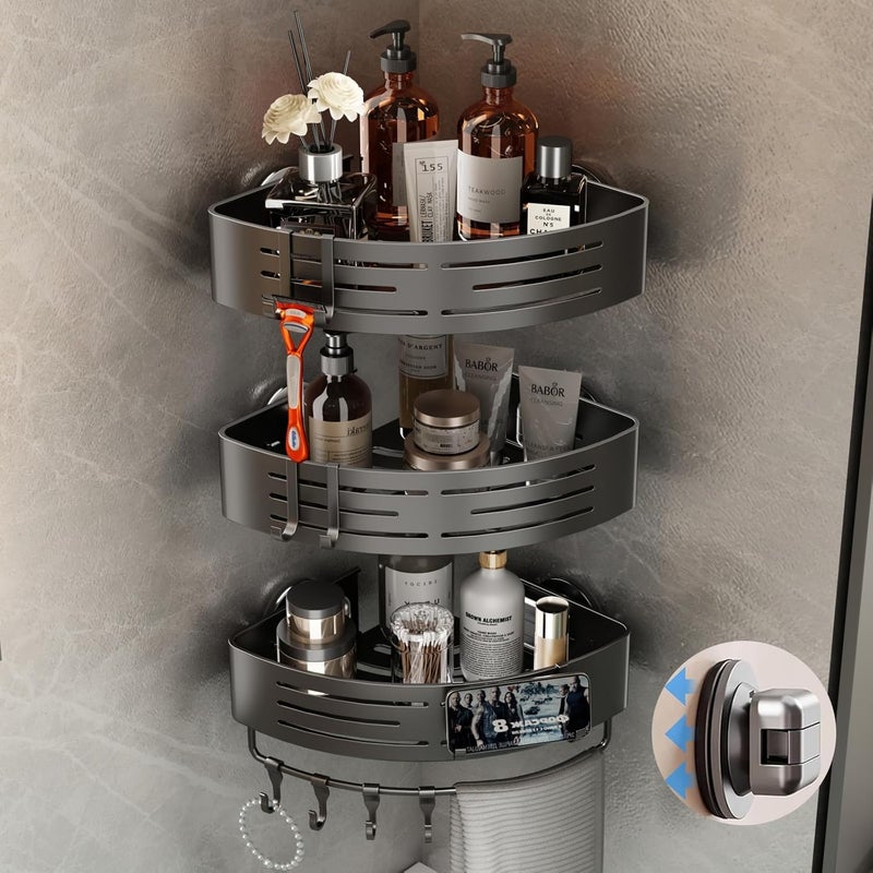 Voldra Corner Shower Caddy Suction Cup, 3 Pack Shower Shelves for Inside Shower No Drilling, Aluminum Suction Showers Organizer with Towel Bar & Hooks Removable Bathroom Shelf Storage Rack(Gray) - Image 1