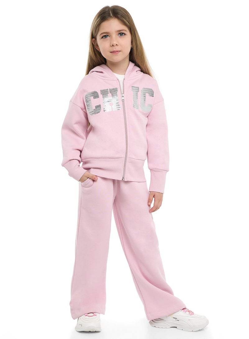 victor and jane Girls CHIC Sequin Fleece Tracksuit – Pink 2-Piece Set - Image 1