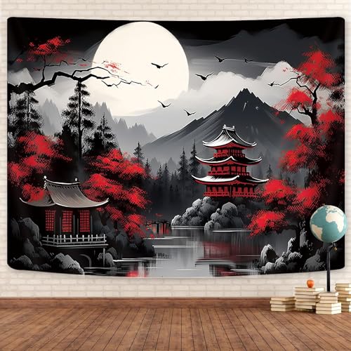 GOAOK Mountain Forest Nature Tapestry for Bedroom, Black and White Moon Landscape Wall Hanging, Tree Sunset Dark Large Asia Japanese Tapestries Aesthetic Anime Art Decor for Living Room College Dorm, 80x60 - Image 2