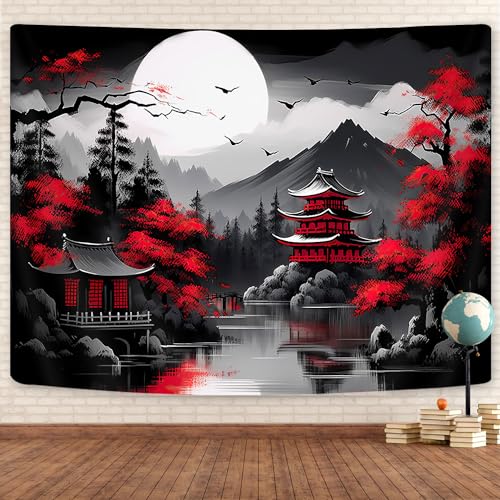 GOAOK Mountain Forest Nature Tapestry for Bedroom, Black and White Moon Landscape Wall Hanging, Tree Sunset Dark Large Asia Japanese Tapestries Aesthetic Anime Art Decor for Living Room College Dorm, 80x60 - Image 1