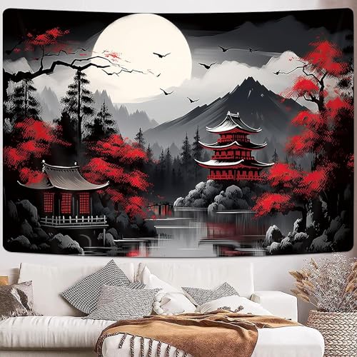 GOAOK Mountain Forest Nature Tapestry for Bedroom, Black and White Moon Landscape Wall Hanging, Tree Sunset Dark Large Asia Japanese Tapestries Aesthetic Anime Art Decor for Living Room College Dorm, 80x60 - Image 4