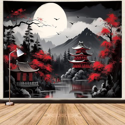 GOAOK Mountain Forest Nature Tapestry for Bedroom, Black and White Moon Landscape Wall Hanging, Tree Sunset Dark Large Asia Japanese Tapestries Aesthetic Anime Art Decor for Living Room College Dorm, 80x60 - Image 3