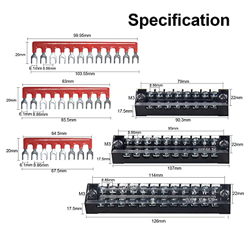 MILAPEAK Terminal Block and Strip - 6 Sets 8/10/12 Positions 600V 15A Dual Row Wire Screw Terminal Strip Block with Cover + 400V 15A Pre-Insulated Terminals Barrier Strips Jumpers (Black & Red) - Image 2