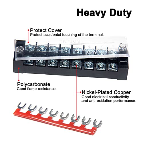 MILAPEAK Terminal Block and Strip - 6 Sets 8/10/12 Positions 600V 15A Dual Row Wire Screw Terminal Strip Block with Cover + 400V 15A Pre-Insulated Terminals Barrier Strips Jumpers (Black & Red) - Image 3