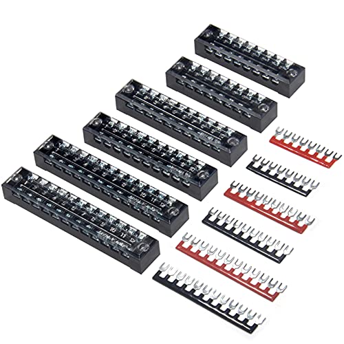 MILAPEAK Terminal Block and Strip - 6 Sets 8/10/12 Positions 600V 15A Dual Row Wire Screw Terminal Strip Block with Cover + 400V 15A Pre-Insulated Terminals Barrier Strips Jumpers (Black & Red) - Image 1