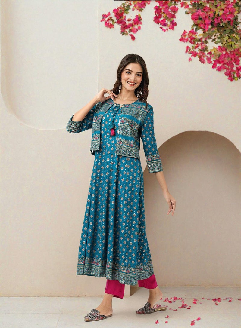 ISHIN Teal Kurta Straight Fit Three-Fourth Sleeve Made From Rayon Featuring Self Design And Round Neck - Image 3