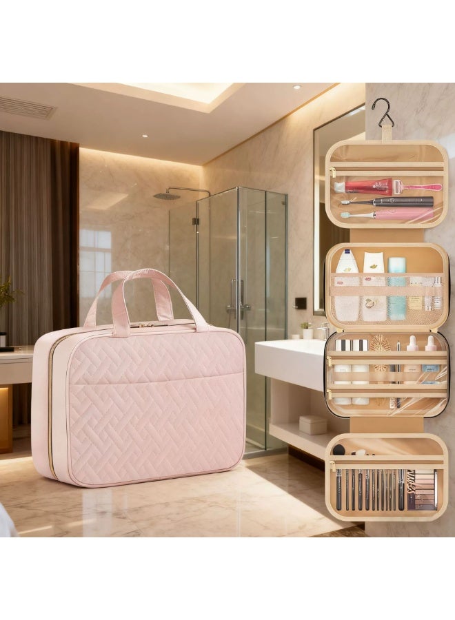 حقيبة أدوات تجميل/حقيبة سفر كبيرة السعة مزودة بخطاف، حقيبة سفر/منظم سفر لمستحضرات التجميل للنساء مقاومة للماء وقابلة للحمل، يمكنها استيعاب جل الاستحمام والشامبو وأدوات التجميل وغيرها. (لون وردي) - Image 3