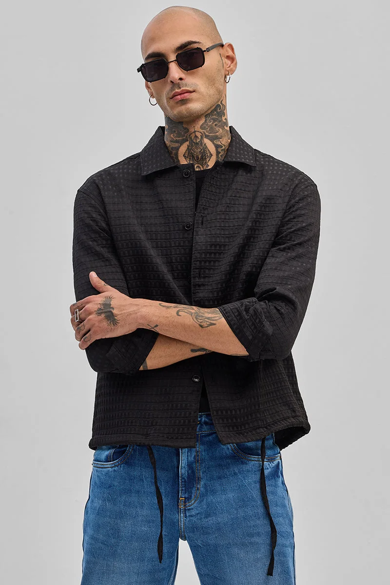 SNITCH Black Textured Long Sleeve Slim Fit Casual Shirt