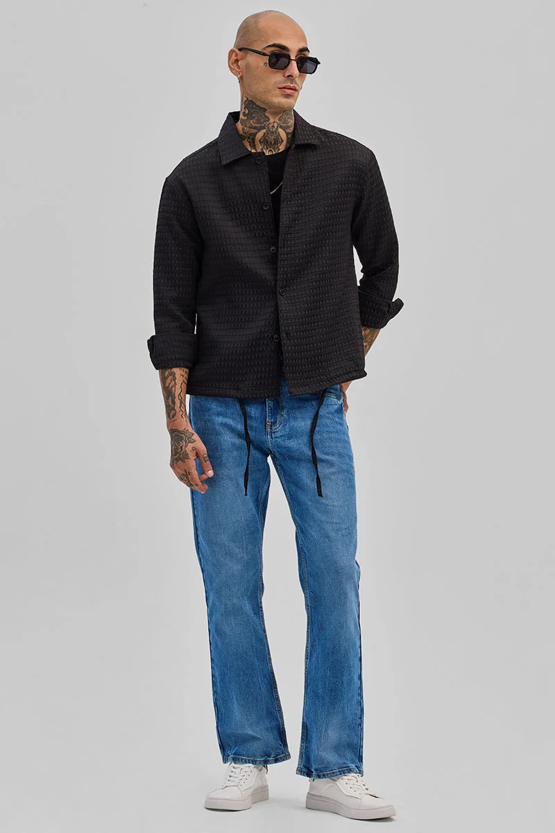 SNITCH Black Textured Long Sleeve Slim Fit Casual Shirt