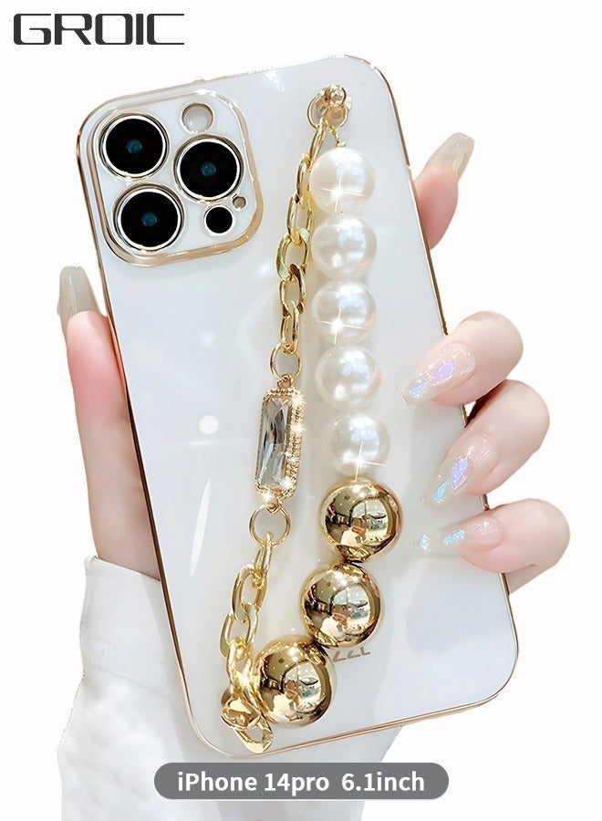 GROIC iPhone 14 Pro Phone Case with Fashion Pearl Bracelet Strap,Luxury Plating Cover,White TPU Shell for Girls and Women,Camera Protection Shockproof Bumper 6.1 Inch - Image 1