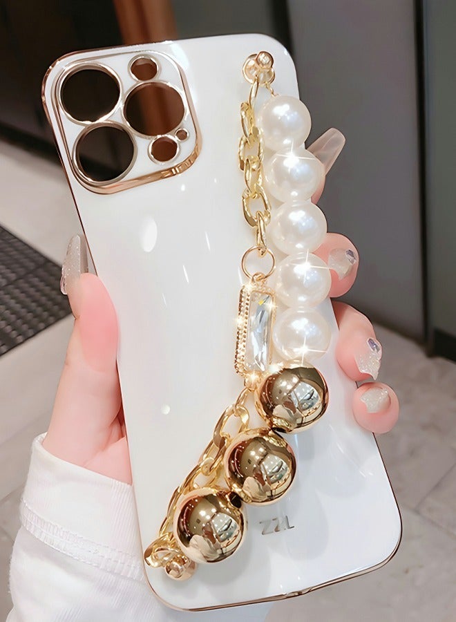 GROIC iPhone 14 Pro Phone Case with Fashion Pearl Bracelet Strap,Luxury Plating Cover,White TPU Shell for Girls and Women,Camera Protection Shockproof Bumper 6.1 Inch - Image 5