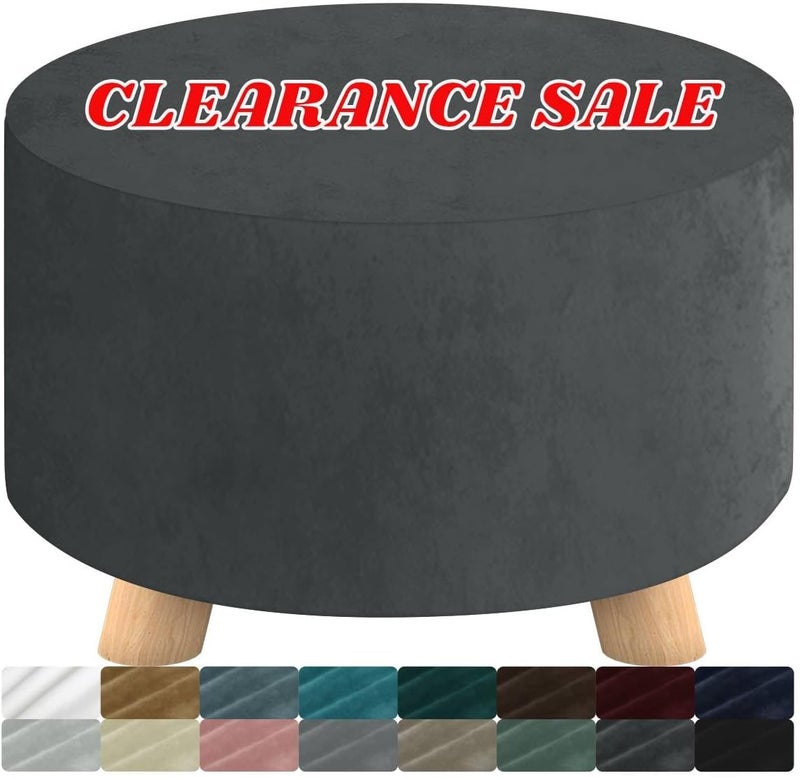 MAXIJIN Velvet Ottoman Slipcover - Round Foot Stool Cover, Washable Thick Storage Protector with Elastic Bottom (Medium, Grey) - Image 1