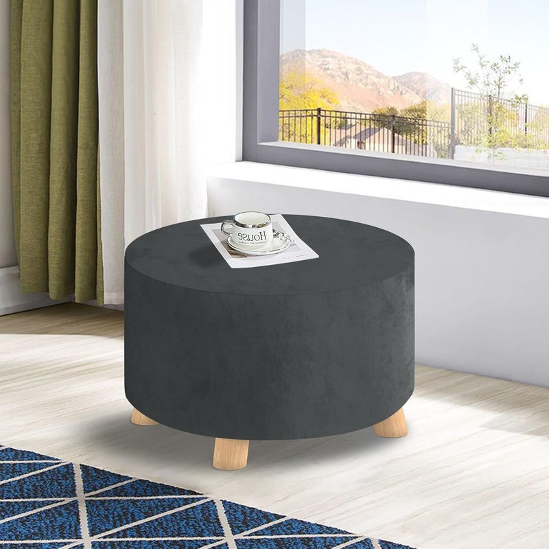 MAXIJIN Velvet Ottoman Slipcover - Round Foot Stool Cover, Washable Thick Storage Protector with Elastic Bottom (Medium, Grey) - Image 2