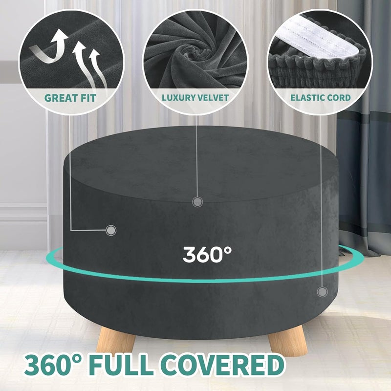 MAXIJIN Velvet Ottoman Slipcover - Round Foot Stool Cover, Washable Thick Storage Protector with Elastic Bottom (Medium, Grey) - Image 4