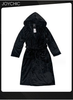 Joychic Solid Pattern Women Loose Hooded Nightgown Autumn and Winter Flannel Skin-friendly Warm Long-sleeved Extra Long Pajamas Sleep Robe with Adjustable Belt Black  - Image 3