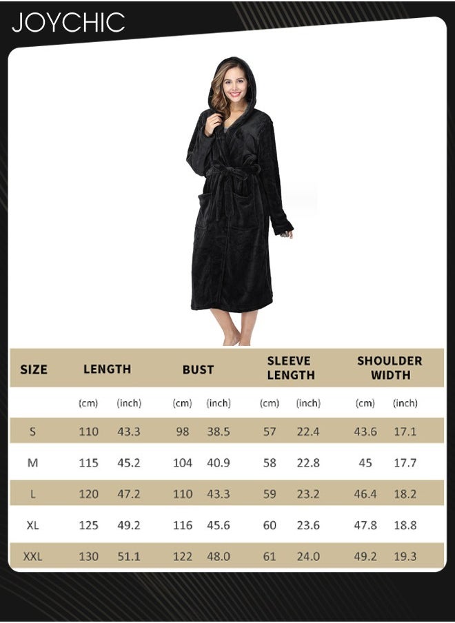 Joychic Solid Pattern Women Loose Hooded Nightgown Autumn and Winter Flannel Skin-friendly Warm Long-sleeved Extra Long Pajamas Sleep Robe with Adjustable Belt Black  - Image 4