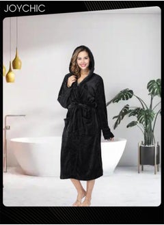 Joychic Solid Pattern Women Loose Hooded Nightgown Autumn and Winter Flannel Skin-friendly Warm Long-sleeved Extra Long Pajamas Sleep Robe with Adjustable Belt Black  - Image 1