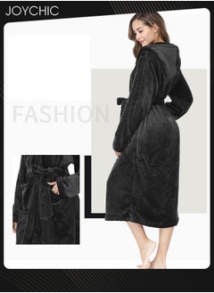 Joychic Solid Pattern Women Loose Hooded Nightgown Autumn and Winter Flannel Skin-friendly Warm Long-sleeved Extra Long Pajamas Sleep Robe with Adjustable Belt Black  - Image 2