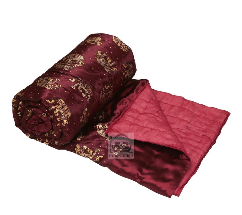 AARMOZY Cotton Filled Light Weight Silk Jaipuri AC Quilt/Razai Gold Print Jaipuriya Rajai/Razzai Animal Print, Maroon Elephant Double Bed - Image 5