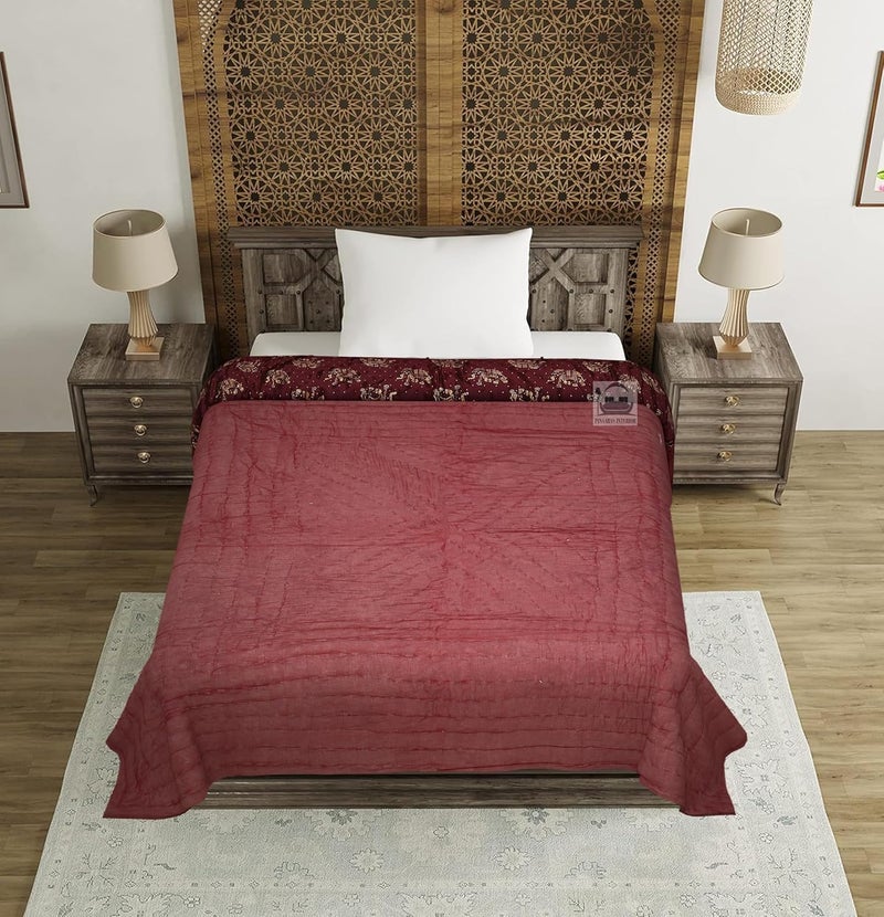 AARMOZY Cotton Filled Light Weight Silk Jaipuri AC Quilt/Razai Gold Print Jaipuriya Rajai/Razzai Animal Print, Maroon Elephant Double Bed - Image 2
