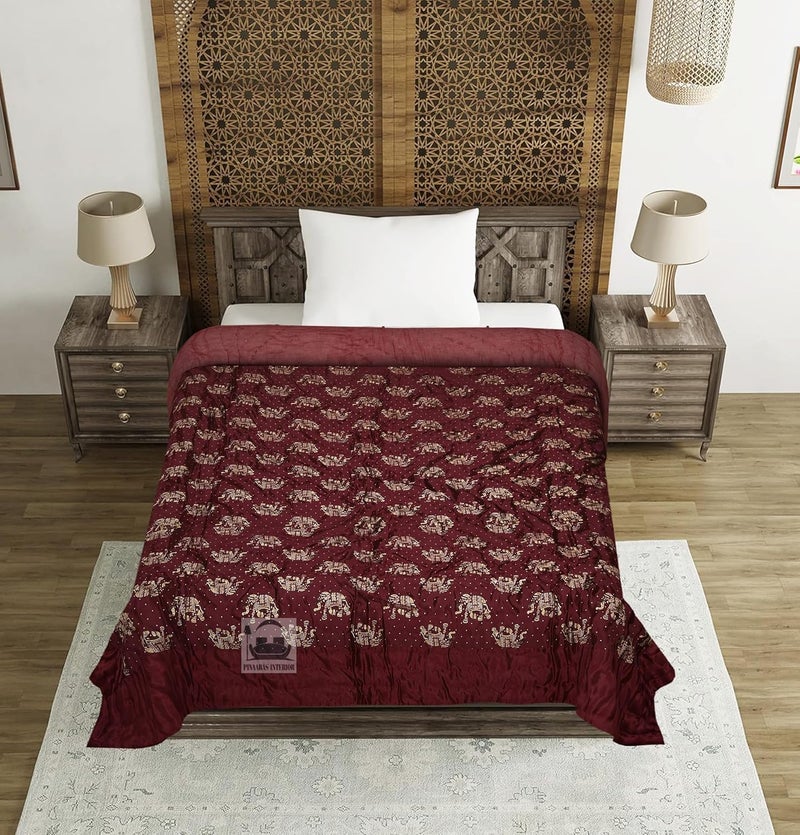 AARMOZY Cotton Filled Light Weight Silk Jaipuri AC Quilt/Razai Gold Print Jaipuriya Rajai/Razzai Animal Print, Maroon Elephant Double Bed - Image 1