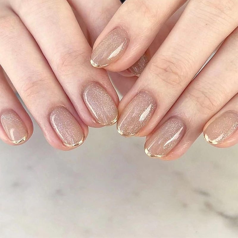24pcs Short False Nails French Tip Press on Nails Gold Edge Glitter Nude Pink Stick on Fake Nails Removable Glueon Nails Acrylic Full Cover Nail Tips Art Accessories for Women