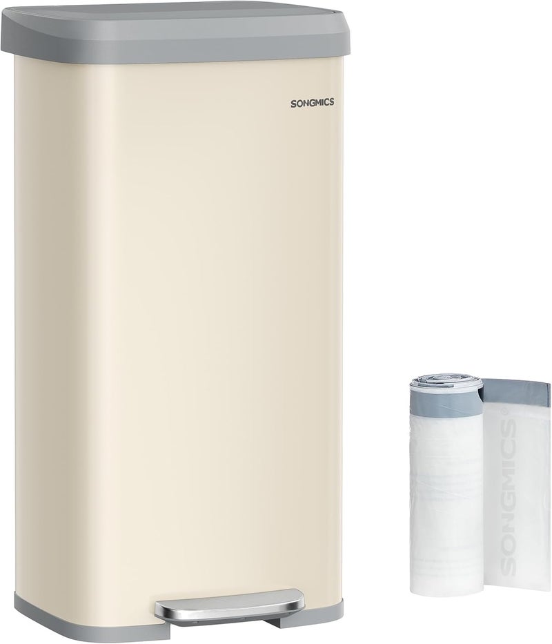 SONGMICS Kitchen Trash Can, 18-Gallon Stainless Steel Garbage Can, with Stay-Open Lid and Step-on Pedal, Soft Closure, Tall, Large and Space-Saving, Sand Beige and Dove Gray - Image 1