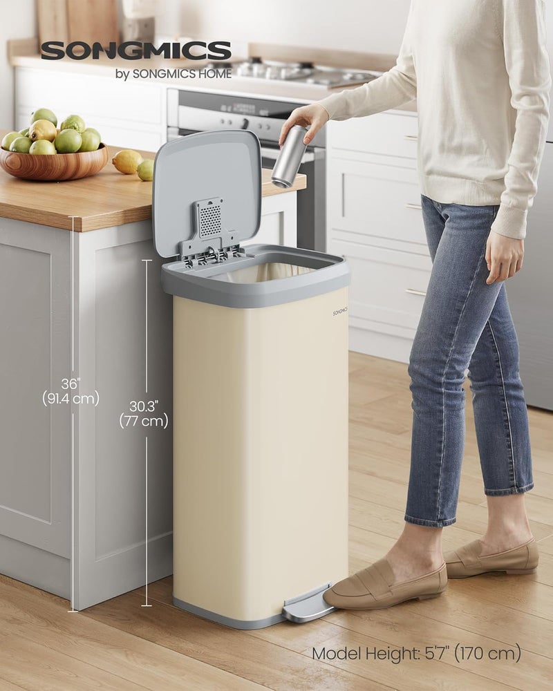 SONGMICS Kitchen Trash Can, 18-Gallon Stainless Steel Garbage Can, with Stay-Open Lid and Step-on Pedal, Soft Closure, Tall, Large and Space-Saving, Sand Beige and Dove Gray - Image 2