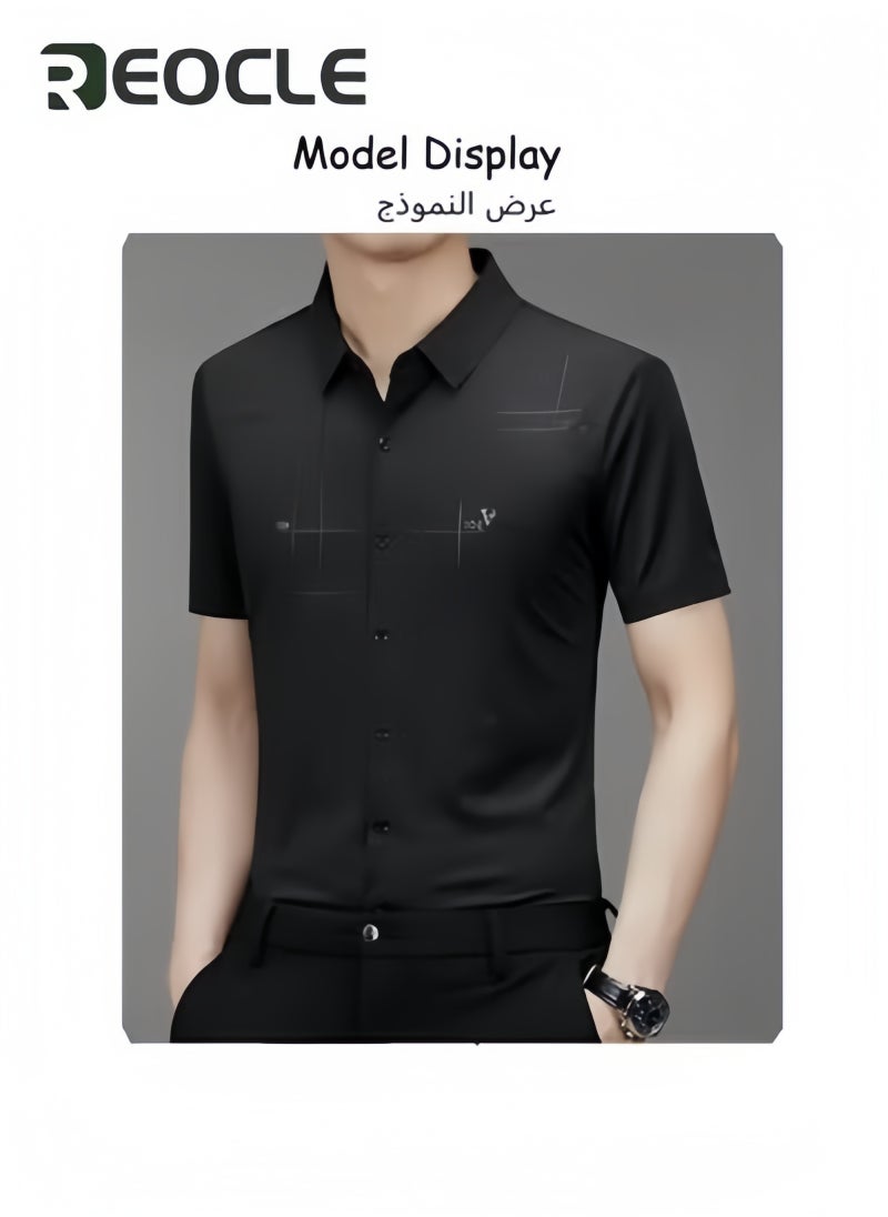 ريوكل قمصان رجالية رسمية خالية من التجاعيد بقصّة عادية من قماش رايون مطاطي بأزرار قمصان رسمية من القطن بأكمام قصيرة وياقة قائمة - Image 2