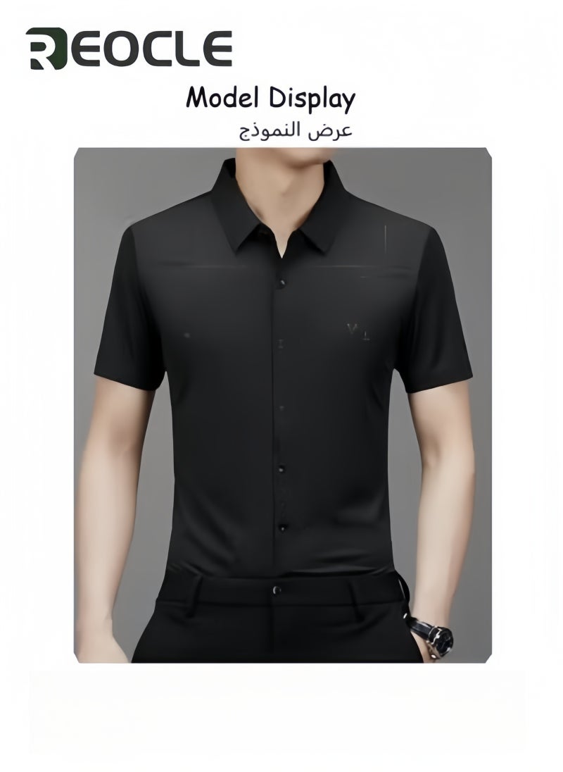 ريوكل قمصان رجالية رسمية خالية من التجاعيد بقصّة عادية من قماش رايون مطاطي بأزرار قمصان رسمية من القطن بأكمام قصيرة وياقة قائمة - Image 3