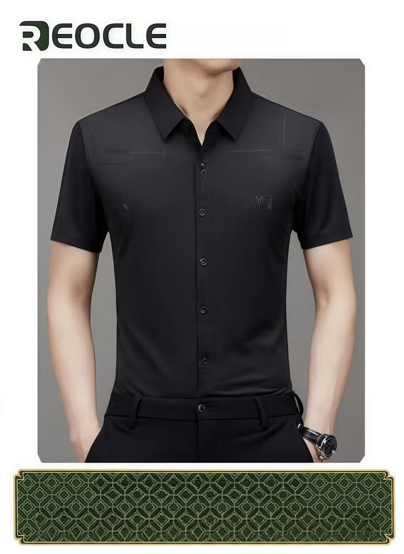 ريوكل قمصان رجالية رسمية خالية من التجاعيد بقصّة عادية من قماش رايون مطاطي بأزرار قمصان رسمية من القطن بأكمام قصيرة وياقة قائمة - Image 1