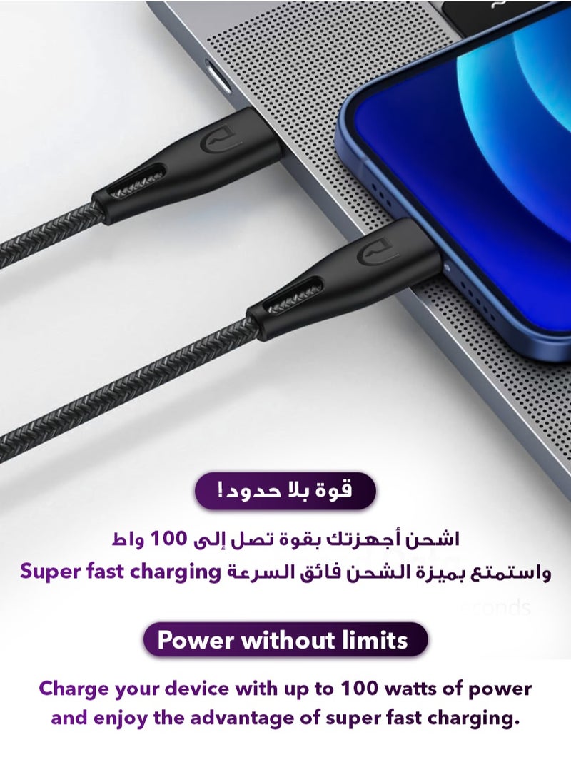 أرجوان سلك شحن قماشي 1 متر - تايب سي، يدعم حتى 100 واط طاقة، سرعة نقل بيانات تصل إلى 10 جيجابت في الثانية، متين بحواف معززة، شحن سريع  - Image 2