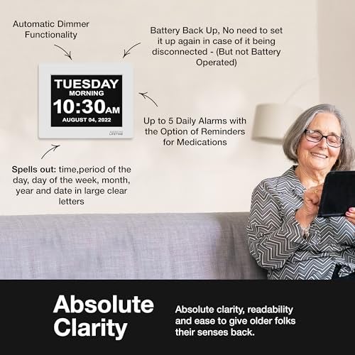 American Lifetime New 2025 Dementia Clock Large Digital Clock for Seniors, Large Display with Custom Alarms, Calendar Clock with Day & Date for Elderly, Clear Numbers Alzheimer Digital Clock White - Image 3