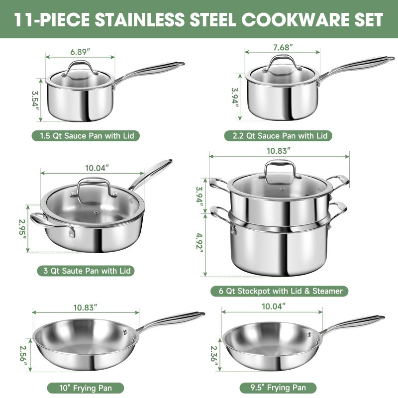 EWFEN 3 Ply Stainless Steel 11-Piece Cookware Set with Lids, Pots and Pans Kitchen Set, Non-Toxic, Induction, Oven, Dishwasher Safe, Professional Chef Quality - Image 2