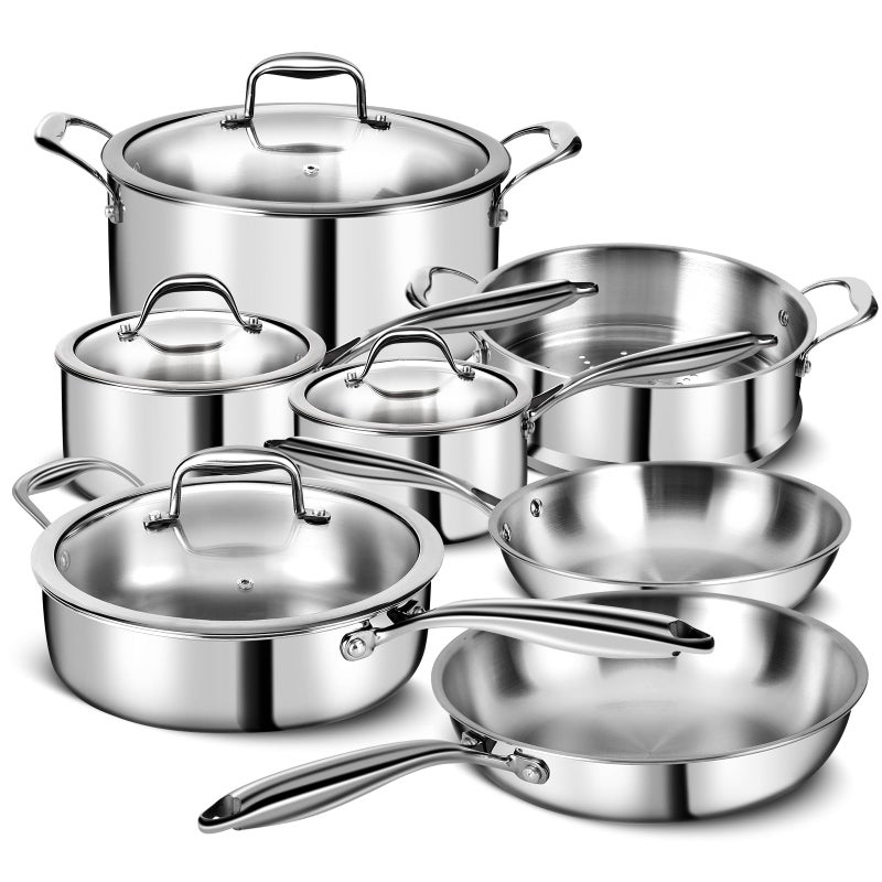 EWFEN 3 Ply Stainless Steel 11-Piece Cookware Set with Lids, Pots and Pans Kitchen Set, Non-Toxic, Induction, Oven, Dishwasher Safe, Professional Chef Quality - Image 1