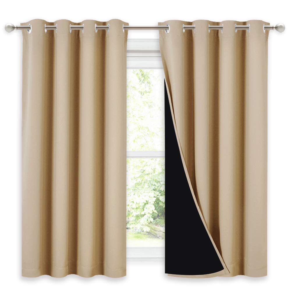 NICETOWN Room Warming Curtains Bedroom Full Blackout Panels Great Job for Blocking Light Complete Blackout Draperies with Black Liner for Night Shift Biscotti Beige Set of 2 52 by 54inch