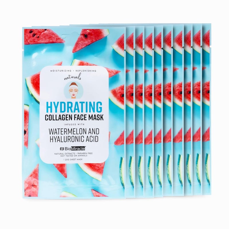 BioMiracle BioMiracle Hydrating Mask With Firming Collagen Infused With Watermelon and Hyaluronic Acid Natural Extracts Paraben Free Moisturizing and Replenishing 10 Sheets 10 Pack 