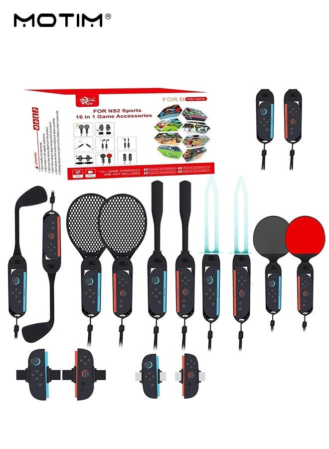Motim 16 in 1 Switch2 Sports Accessories Bundle, Family Pack with Tennis, Golf Club, Baseball Bat, Handle Grip, Table Tennis Bat, Lightsaber, Volleyball Wristband, Football Shin Guard, for Nintendo Switch2 joycon - Image 1